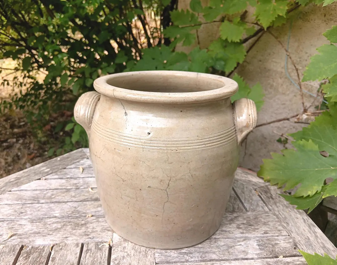 Gorgeous French antique handmade glazed beige stoneware confit crock pot jar – rustic farmhouse... | Etsy (US)