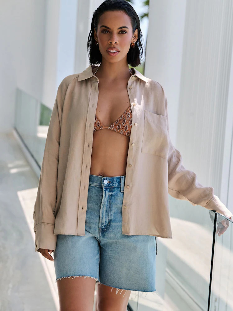 Stone 100% Linen Button Down Relaxed Long Sleeve Shirt | Next EU
