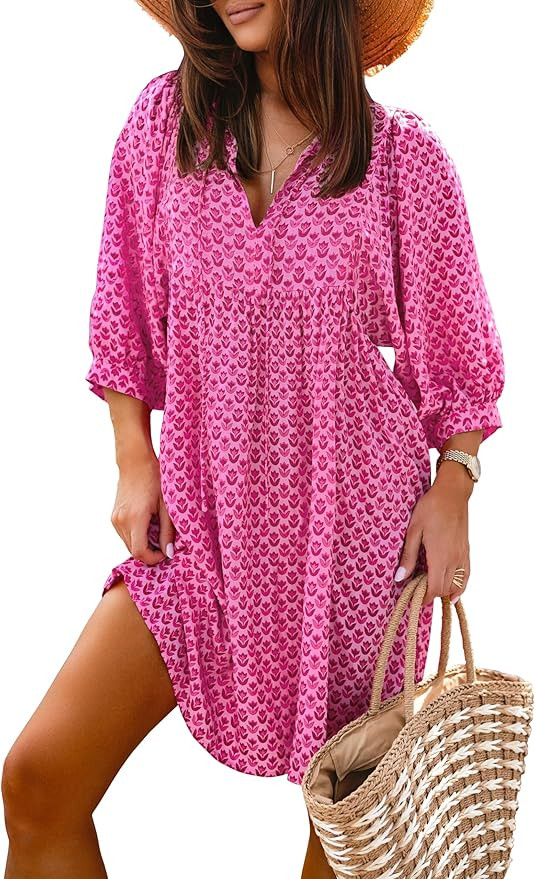 miduo Womens Casual V Neck Summer Half Sleeve Bohemian Floral Mini Tunic Short Dresses | Amazon (US)