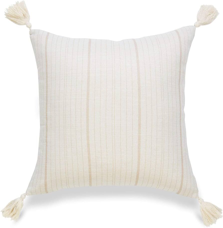 Hofdeco Coastal Decorative Throw Pillow Cover ONLY, for Couch, Sofa, or Bed, Taupe Stripe Tassel,... | Amazon (US)