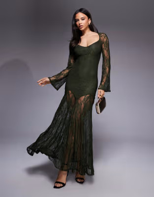ASOS DESIGN lace long sleeve dropped waist maxi dress in green | ASOS (Global)