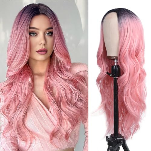 Aida ble Long Ombre Pink Wavy Wig for Women -26inch Middle Part Long Pink Curly Wavy Wig with Dark Roots Heat Resistant Synthetic Hair Looking Natural, Fiber Wig for Daily Party Use | Amazon (US)