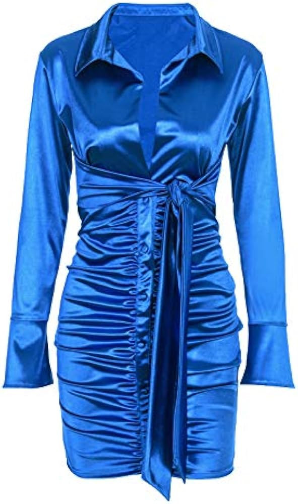 Women's Sexy Ruched Satin Dress Bodycon Party Deep V Neck Long Sleeve Silk Dresses | Amazon (US)