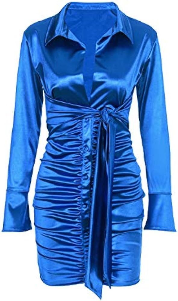 Women's Sexy Ruched Satin Dress Bodycon Party Deep V Neck Long Sleeve Silk Dresses | Amazon (US)