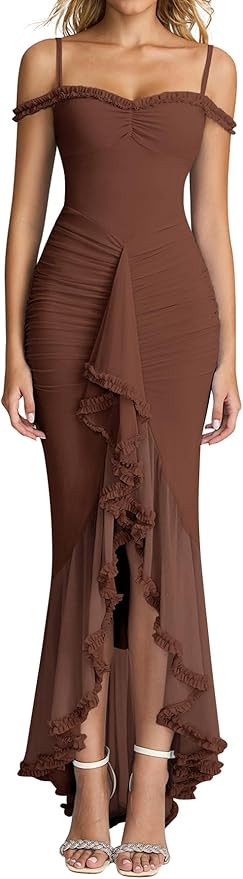 KUTUMAI Women Ruffle Bodycon Maxi Dress Ruched Long Formal Cocktail Wedding Guest Dresses | Amazon (US)