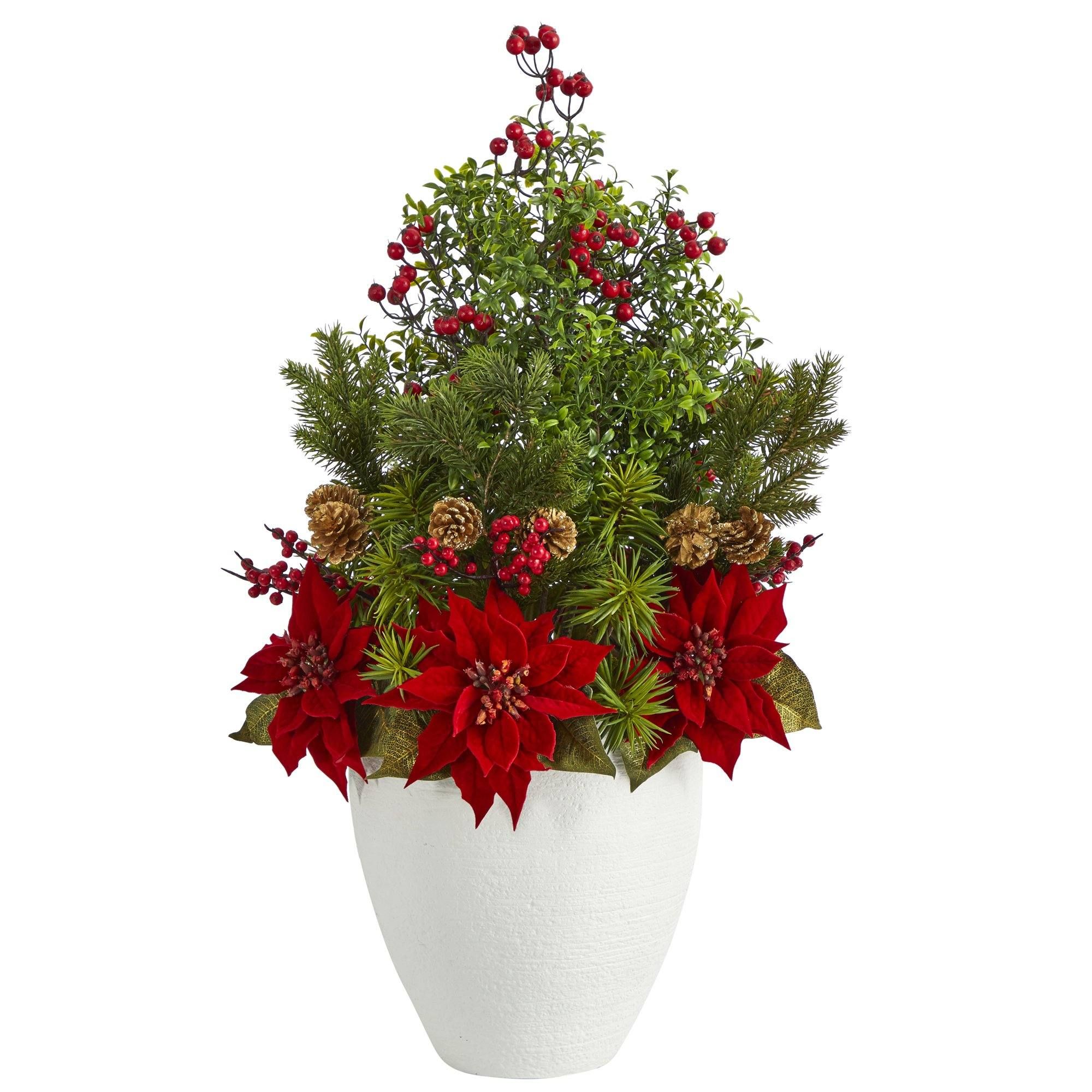 32” Poinsettia, Boxwood and Succulent Artificial Arrangement in White Vase | Nearly Natural | Nearly Natural