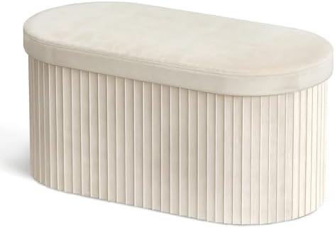 Folding Ottoman with Storage, Oval Velvet Storage Bench, Beige | Amazon (US)