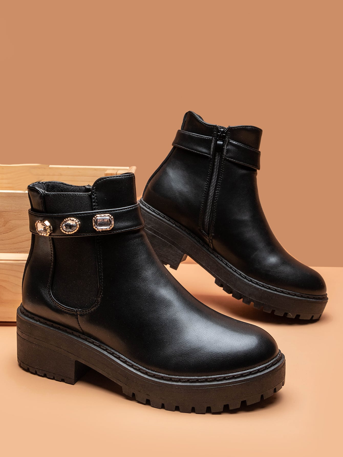 Rhinestone Decor Chunky Heeled Chelsea Boots | SHEIN