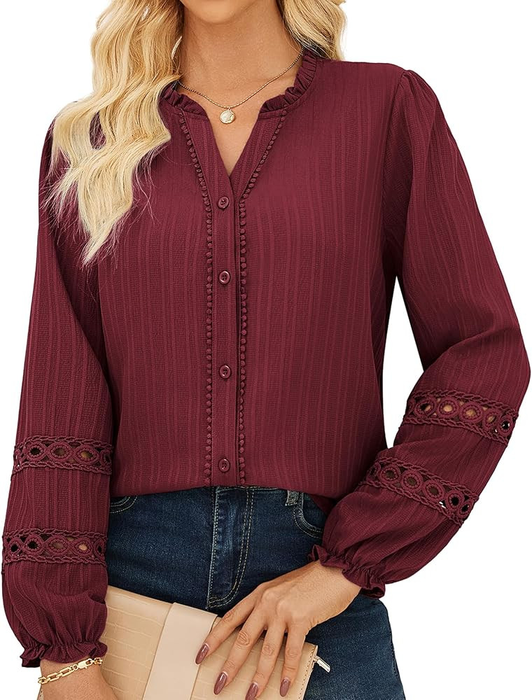 GRACE KARIN Women Dressy Casual Tops,Long Sleeve Button Down Ruffle Blouse,Work V Neck Shirt Summ... | Amazon (US)