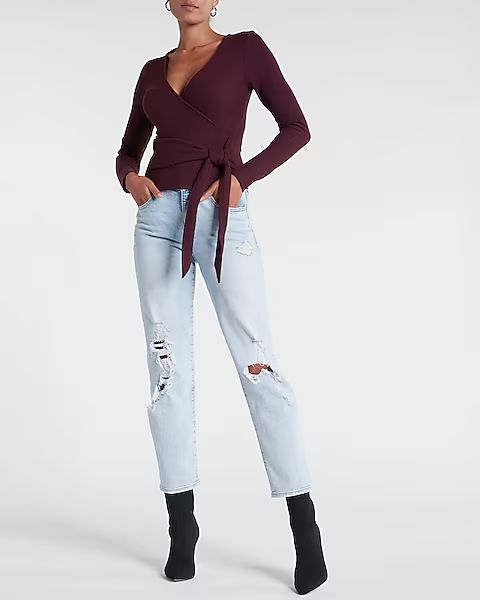 Ribbed Faux Wrap Tie Waist Long Sleeve Top | Express