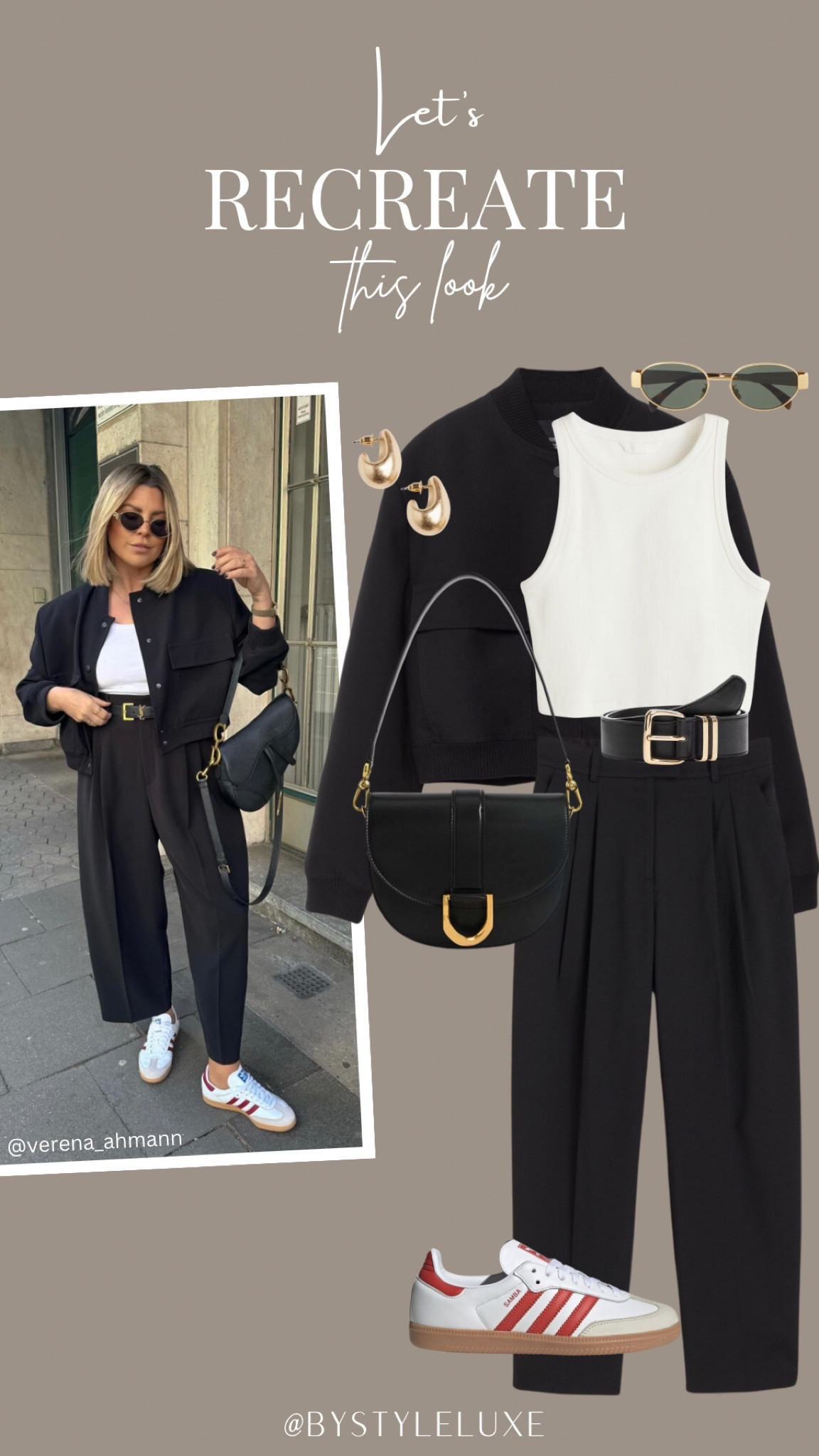 Let’s Recreate This Look - a monochrome look with a pop of red from @verena_ahmann 🖤
#adidassamba #bomberjacket #springoutfit 