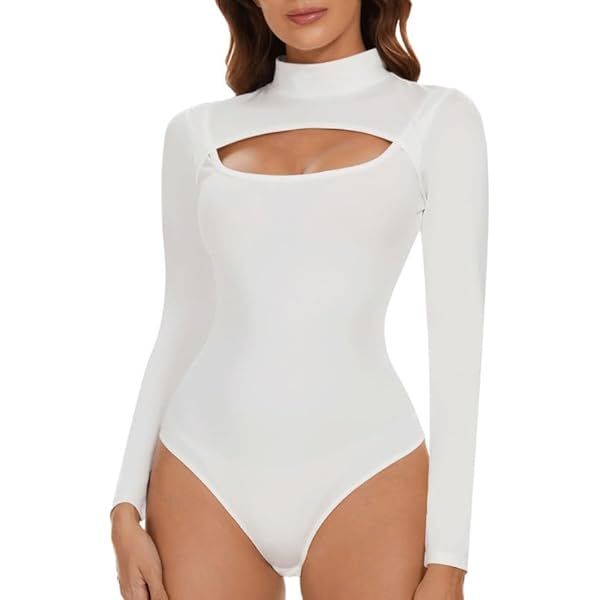 MANGOPOP Mock Neck Sexy Cutout Front T Shirt Short Sleeve Long Sleeve Bodysuit for Women | Amazon (US)