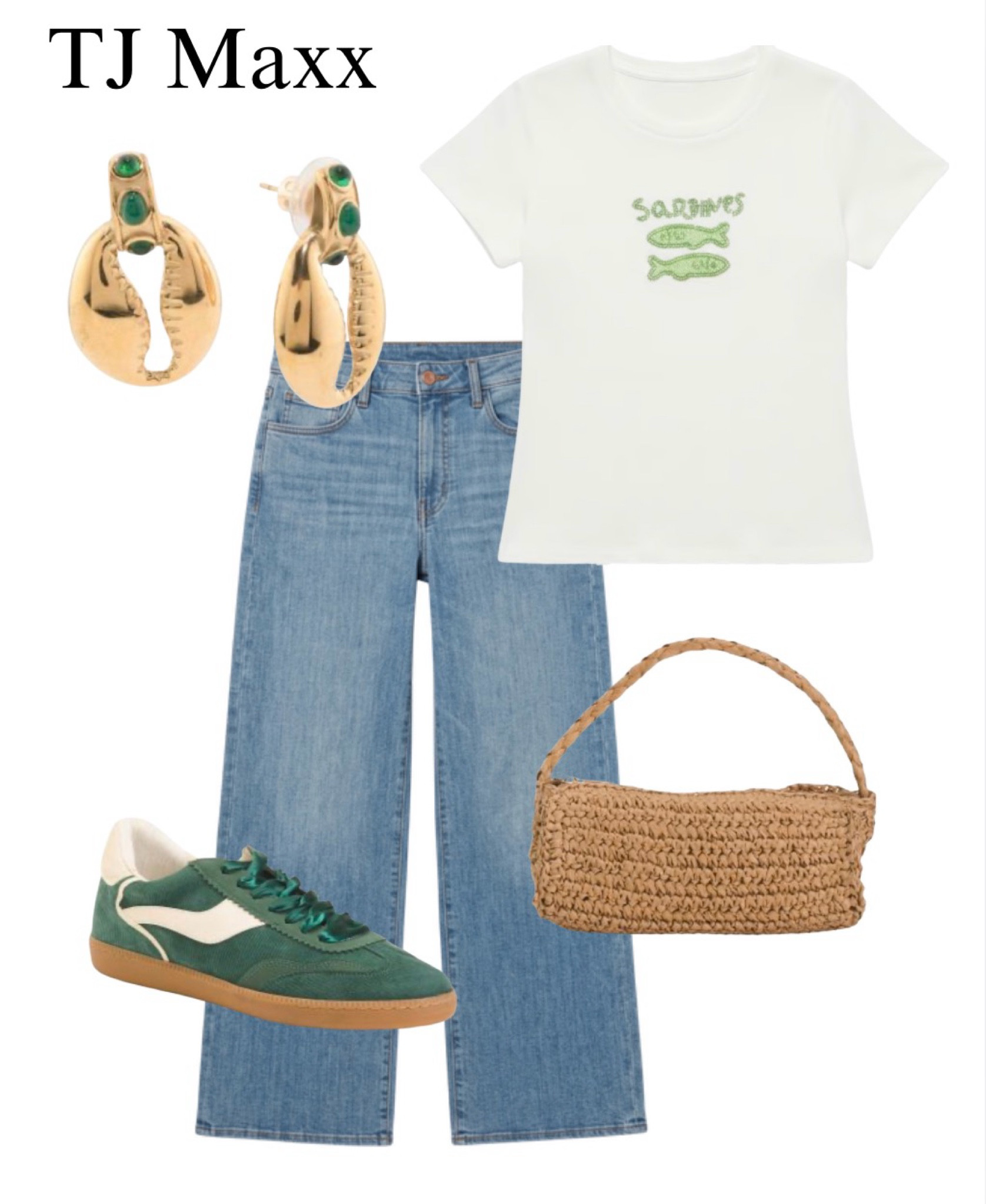 TJ Maxx outfit idea, casual, green beaded fish tea, jeans, green sneakers, gold earrings, woven purse, spring, summer.

#LTKSaleAlert