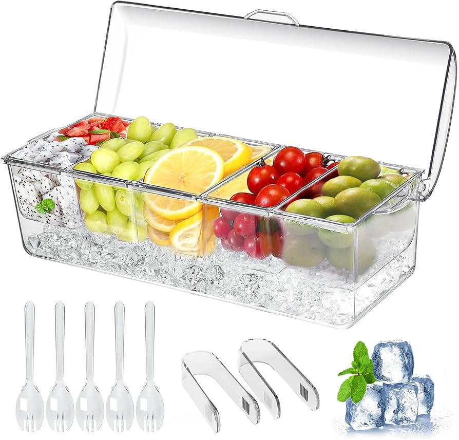 Large Ice Chilled Condiment Caddy\uff0cChilled Condiment Containers Server with Lids for 5 Remova... | Amazon (US)
