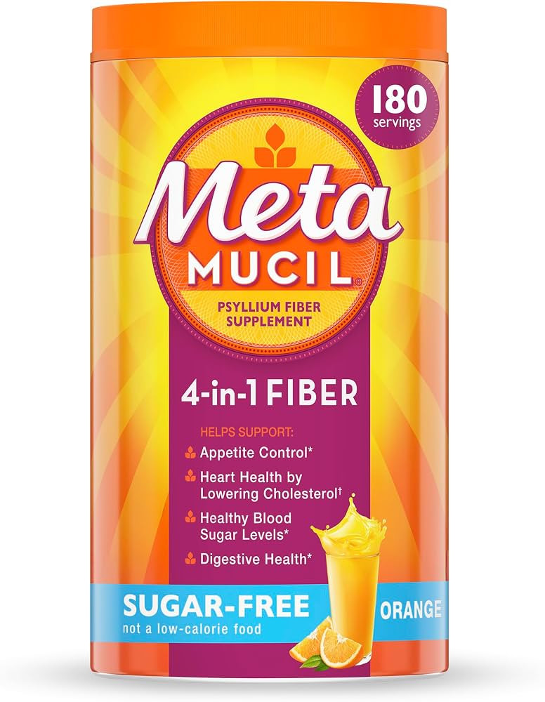 Metamucil 4-in-1 Psyllium Husk Fiber Supplement, Sugar-Free, 180 teaspoons, Orange Flavored, Dail... | Amazon (US)