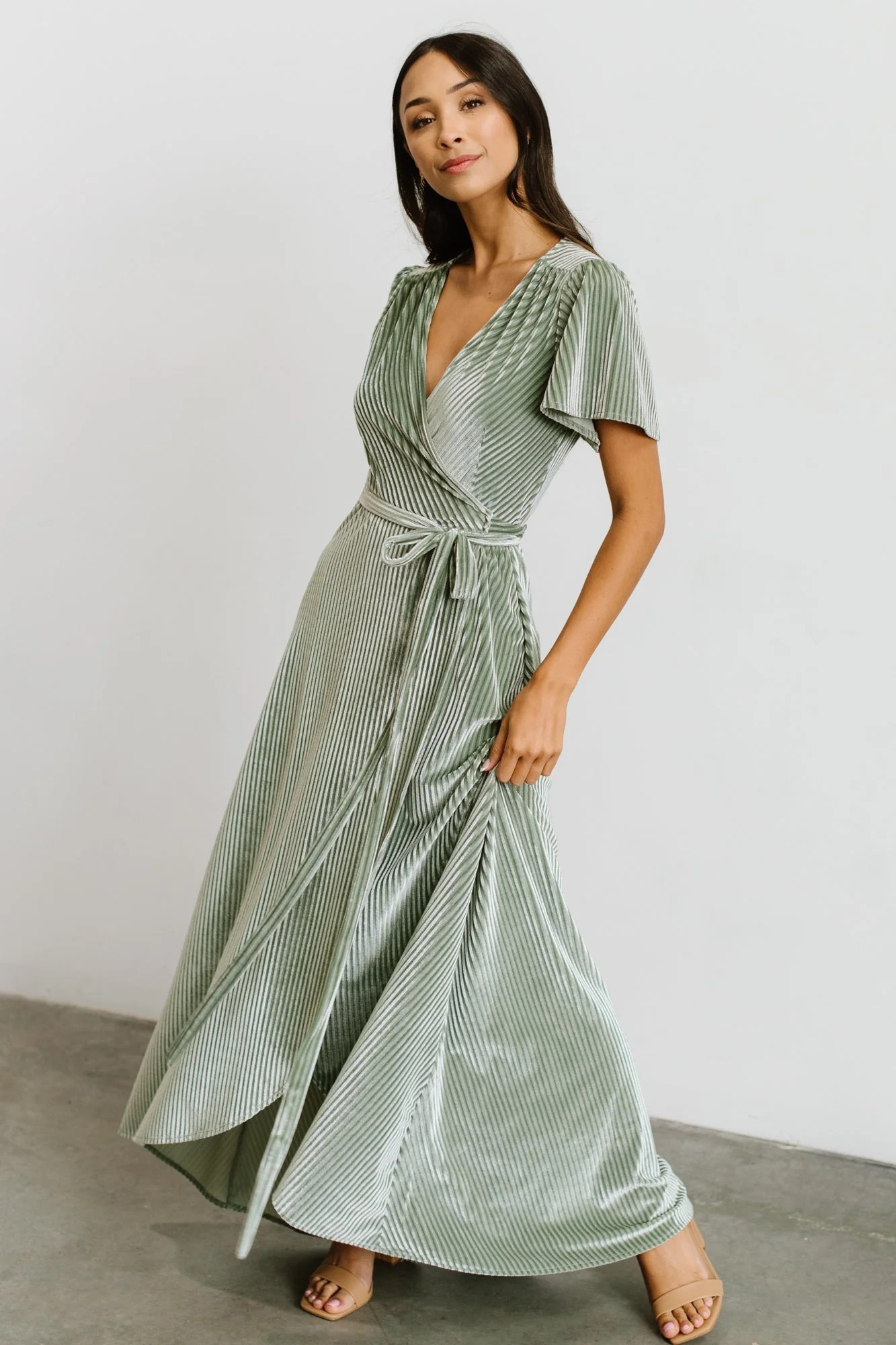 Andi Ribbed Velvet Wrap Dress | Dusty Sage | Baltic Born