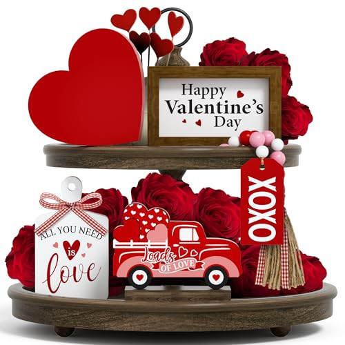 Valentine's Day Tiered Tray Decor Set - 5 Pcs Heart Wooden Signs XOXO Bead Garland, Valentines Day Decorations for Home Kitchen Table Party Decorations | Amazon (US)