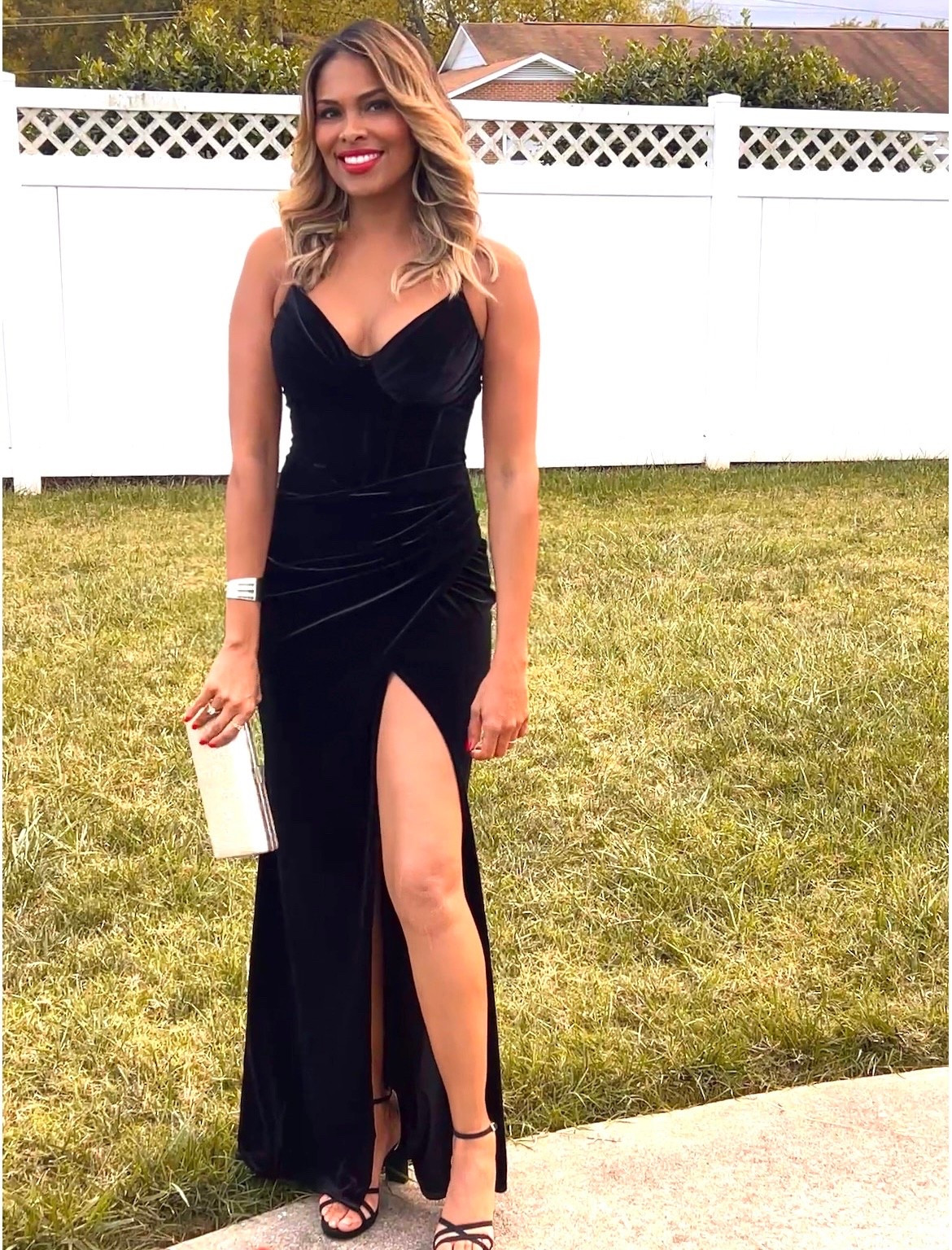 Wore this beauty  to a Wedding today. First time buying from Windsor and I was Impressed with the gown selection that they have, this particular style helped tremendously with tummy control and the suede was both comfy to wear yet dressy, also, I could dance in it well. I paired it with my black suede pumps also from Windsor, I bought them at the store and could not find the exact one online so I linked a similar one from Windsor as well.  My clutch is old from Burlington but I linked similar products! 

#LTKWedding #LTKSeasonal #LTKFindsUnder100