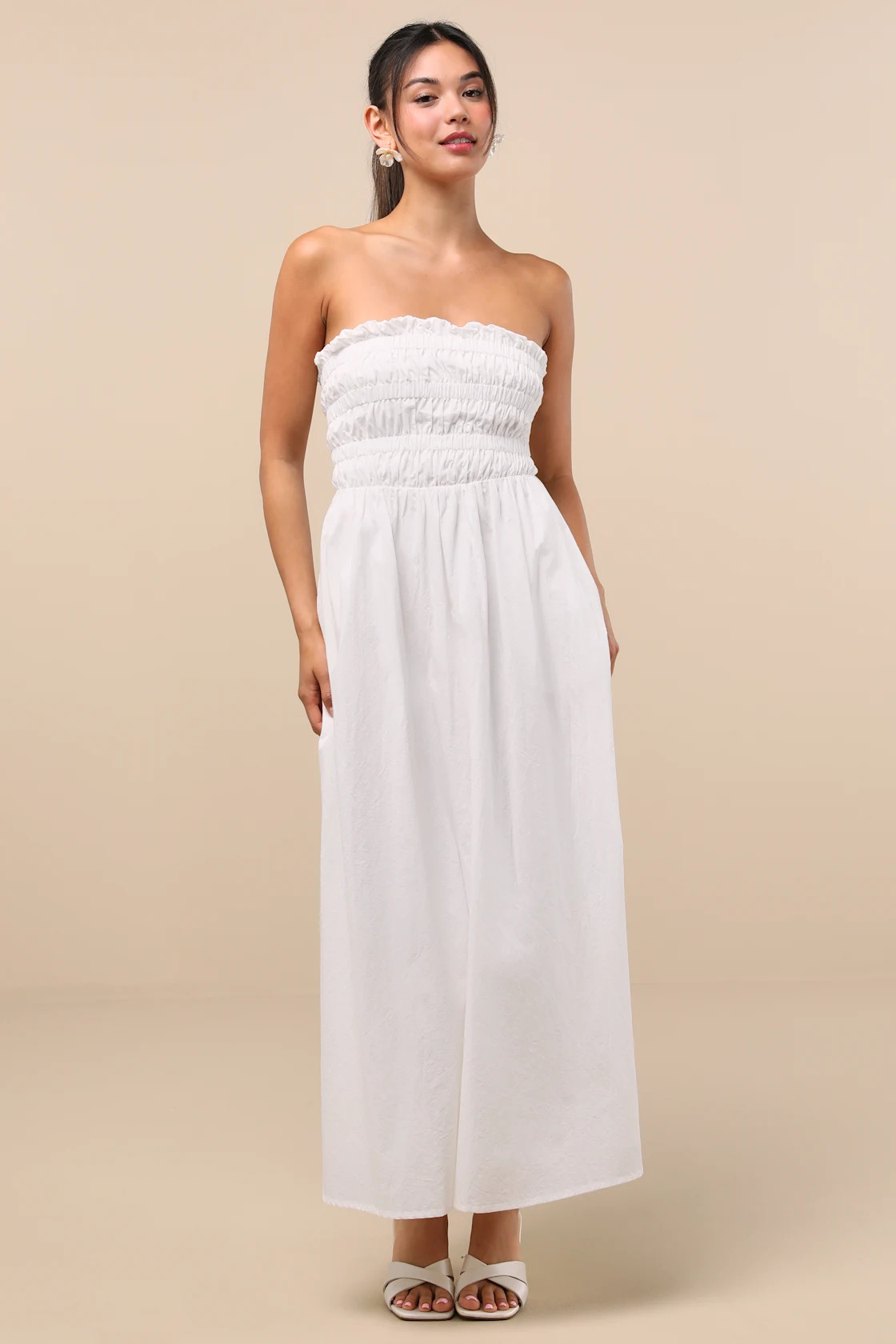Ania White Strapless Smocked Midi Dress | Lulus