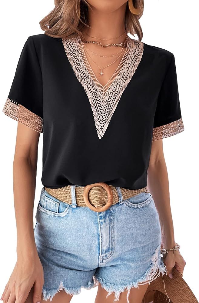 SheIn Women's Guipure Lace Deep V Neck Short Sleeve Shirt Colorblock Blouse Top | Amazon (US)