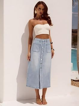 Women\u2019s High Waist Denim Midi Skirt with Pocket Front Slit Button Down Jean Skirt | Amazon (US)