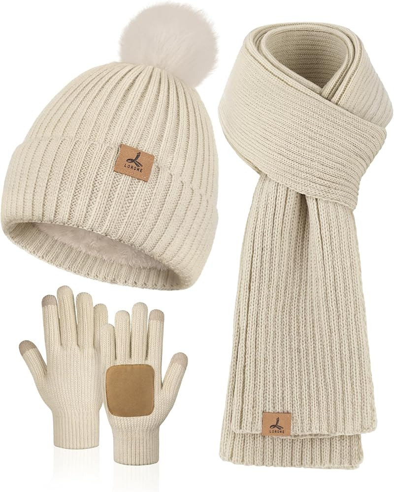 LOROME Women Winter Beanie Hat Scarf Gloves Set, Fleece Knitted Pompom Hat Warm Neck Scarf Touchs... | Amazon (US)