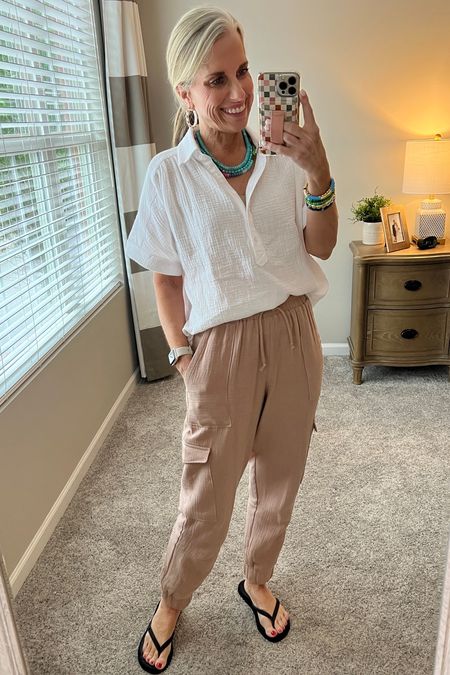 Cozy work from home Friday 
Gauze joggers and popover shirt from Gibsonlook 
Use LISA10 
Wearing XS top, small bottoms 


#LTKFindsUnder100 #LTKOver40 #LTKStyleTip
