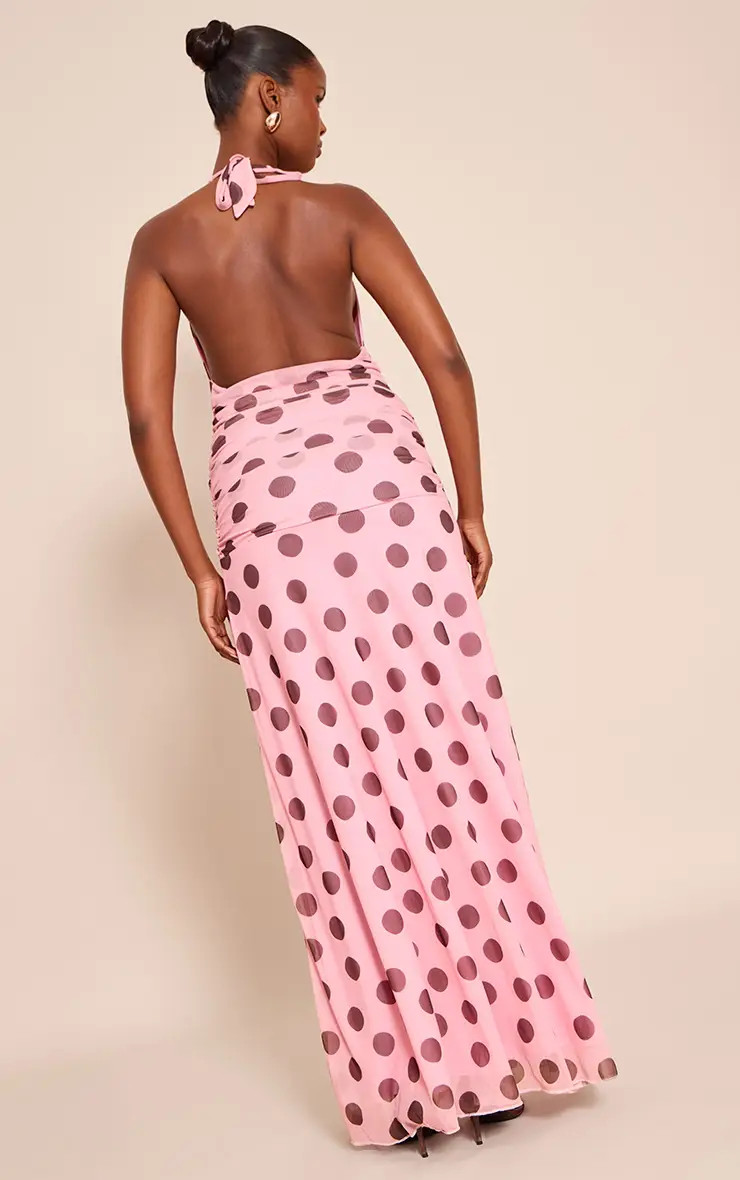 Pink Polka Dot Chiffon Halterneck Maxi Dress | PrettyLittleThing USA | PrettyLittleThing US