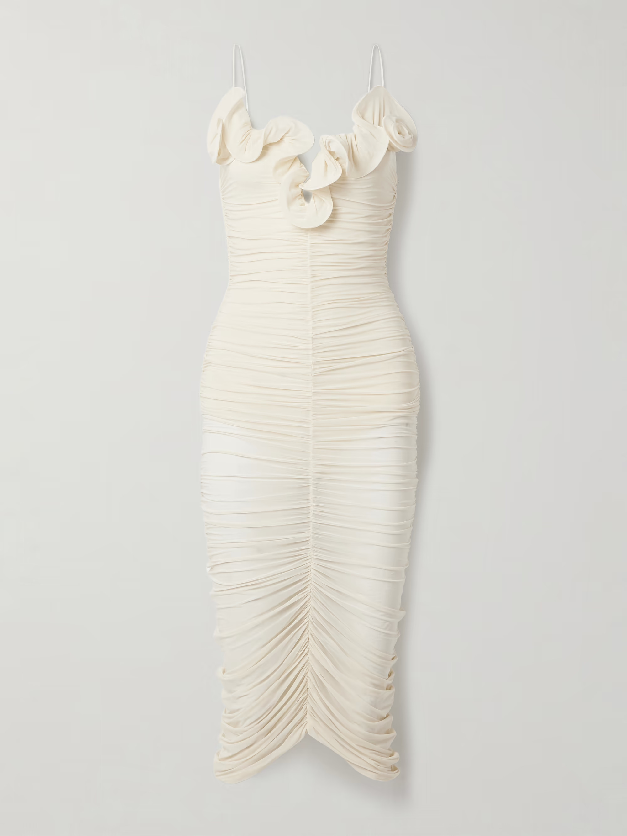 Ruffled ruched stretch-mesh midi dress | NET-A-PORTER (UK & EU)