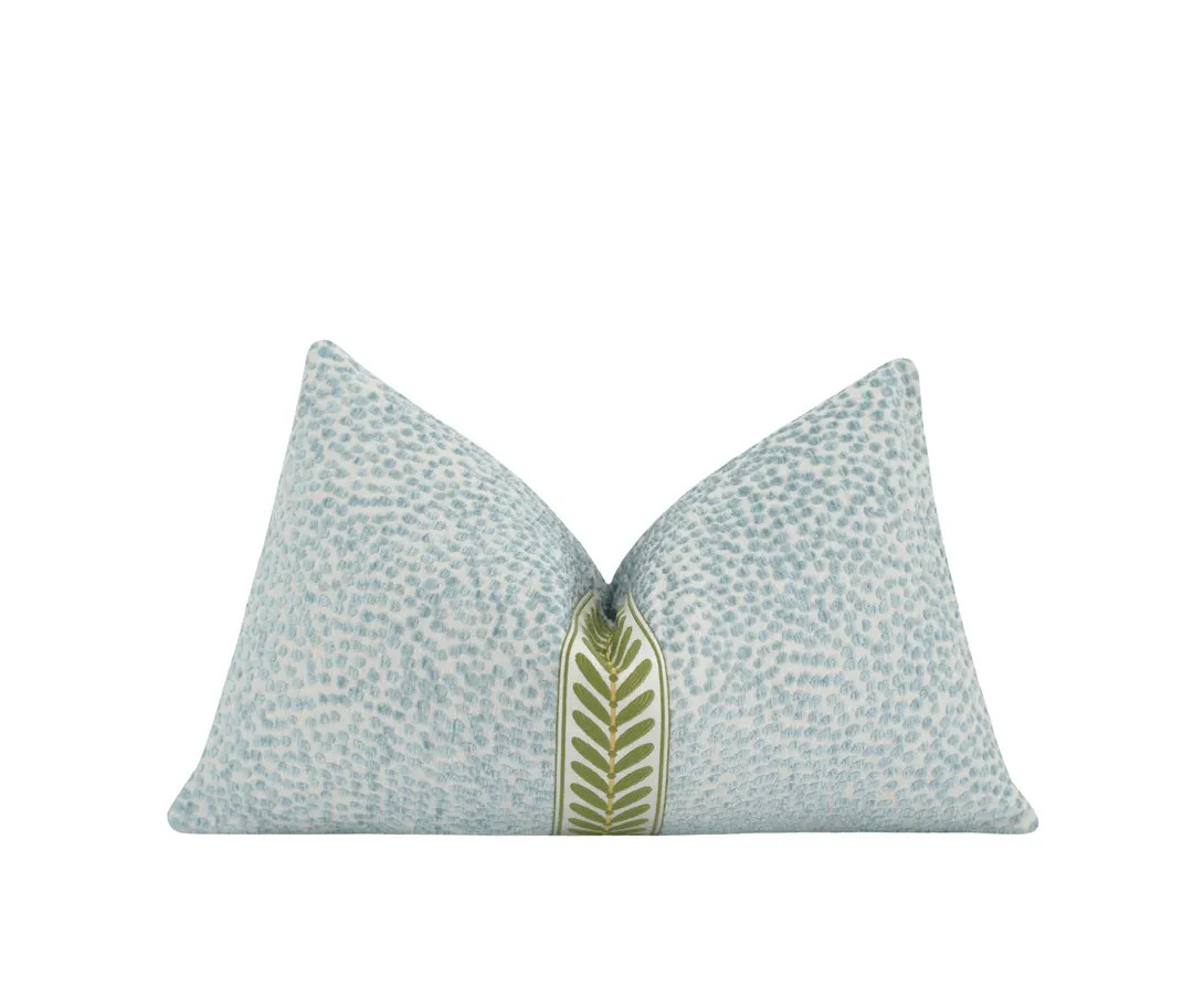 Mist Blue Chenille Lumbar Pillow Cover • Green Embroidered Leaf Trim • Textured Dotted Accent... | Etsy (US)