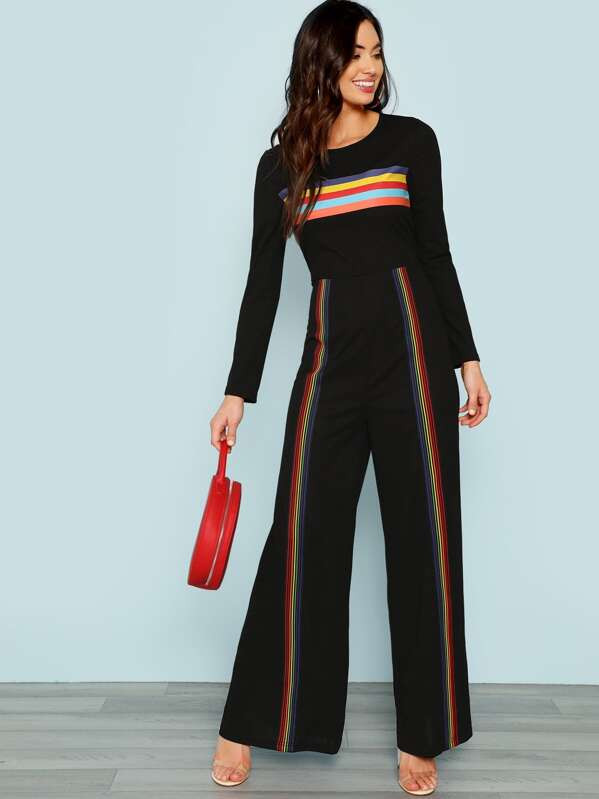 Contrast Striped Wide Leg Jumpsuit | SHEIN