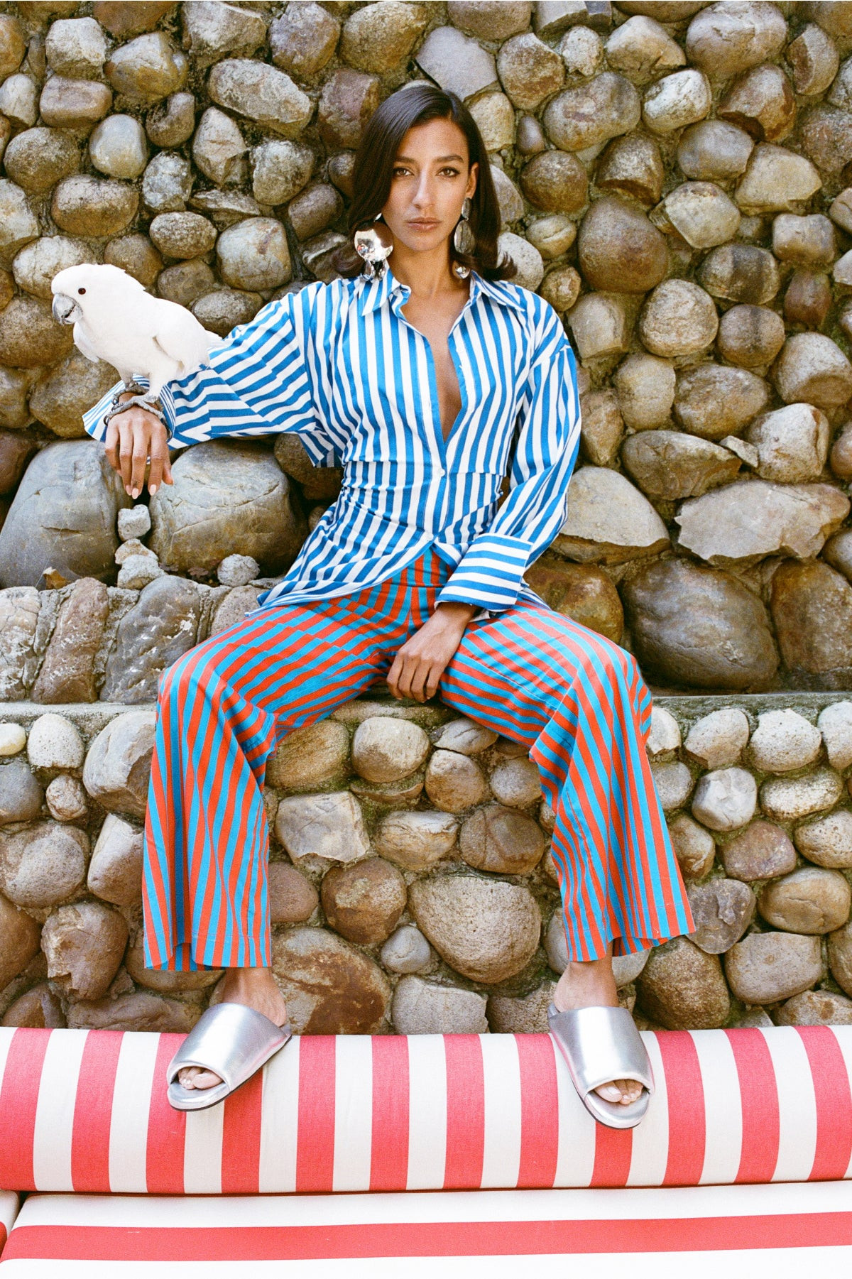 Pia
           Striped Poplin Pant in Blue/Paprika Stripe | Simon Miller