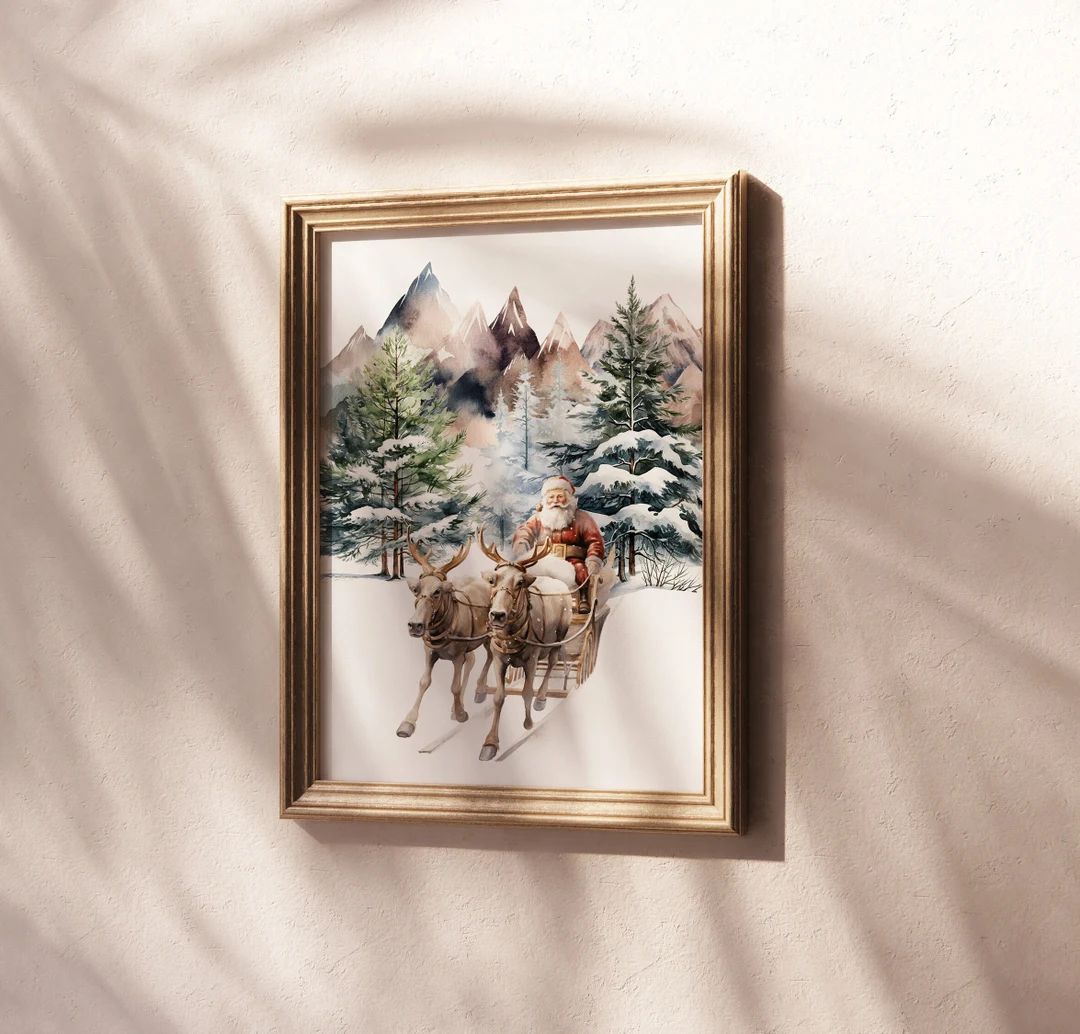 Santa Claus and Reindeer Wall Art Printholiday Vintage - Etsy | Etsy (US)