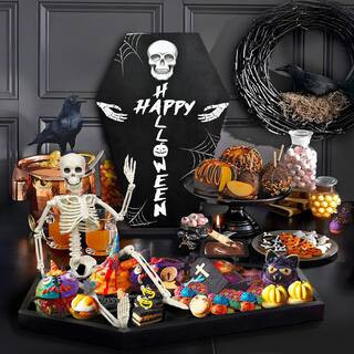 16 oz. Glass Wooden Halloween Coffin Charcuterie Serving Board with Skeleton Figurine and Dipping Saucer, 15.74 in. | The Home Depot