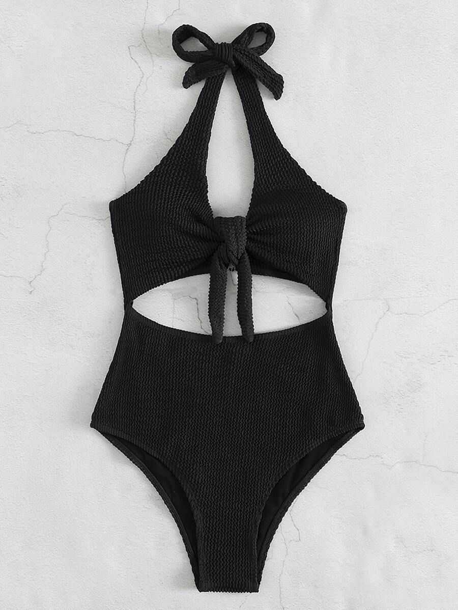 Textured Cut-out Halter One Piece Swimsuit | SHEIN