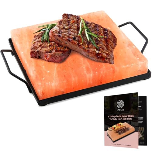 UMAID Himalayan Salt Block Cooking Plate 8x8x1.5 for Cooking, Grilling, Cutting and Serving, Food Grade Rock Salt Stone On Steel Tray with Recipe Pamphlet Unique Gifts for Men, Women, Dads & Cooks | Amazon (US)