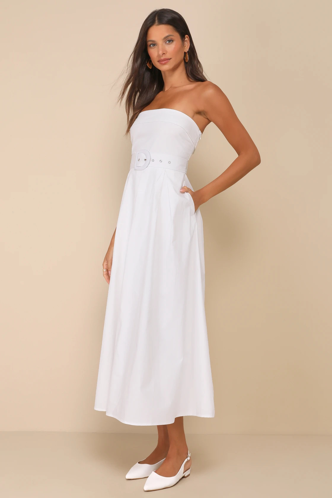 Trendsetting Choice White Strapless Midi Dress With Pockets | Lulus
