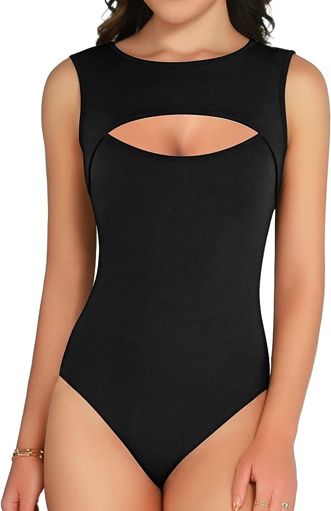 Women's Cutout Front T Shirt Sleeveless Long Sleeve Short Sleeve Bodysuit Jumpsuits | Amazon (US)