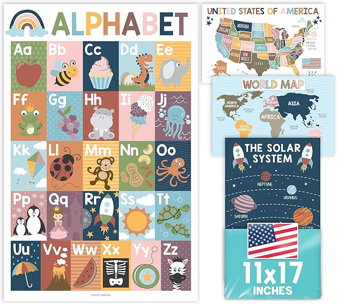Hadley Designs 4 Alphabet, Map of United States, World Map, & Solar System Posters - Laminated AB... | Amazon (US)