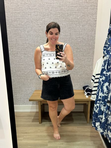 To say I’m obsessed with this look is an understatement! 😍 The details on the top is super cute and the back ties up in 3 little bows! The top also comes in all white and all black and runs TTS. The shorts are the Dad Short (Curvy Love) shorts and I love them! They also run TTS and are super comfortable! 

#LTKSpringSale #LTKstyletip #LTKmidsize
