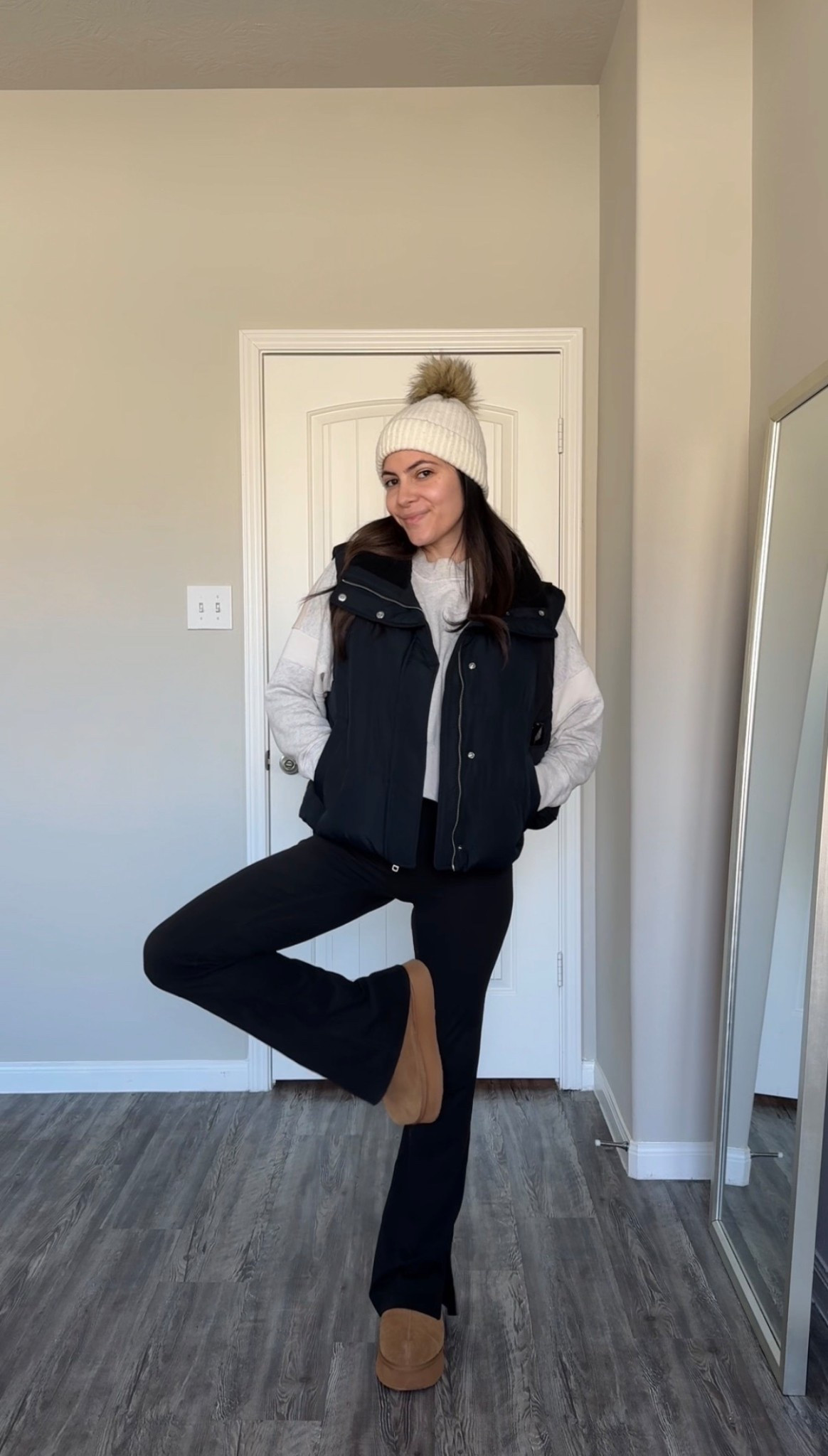 12/8/25 my comfy winter outfit of the day. Linking my puffer vest, sweatshirt and suede platform slippers that I wear non stop this time of year. Perfect everyday essentials. Size M in puffer vest & size S in sweatshirt 