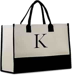Personalized Gift Monogram Initial 100% Cotton Two Tone Chic Tote Bag with Customize Option - Bla... | Amazon (US)