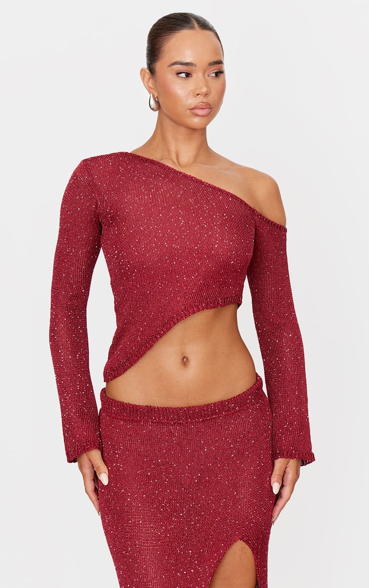 Wine Sequin Knit Asymmetric Long Sleeve Crop Top | PrettyLittleThing US