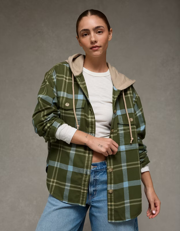 AE Plaid Hooded Button-Up Shirt | American Eagle Outfitters (US & CA)