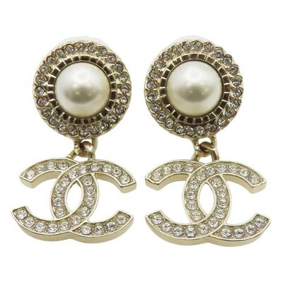 CHANEL Coco Mark Pearl Crystal Drop Dangle Earrings Gold Plated | eBay US
