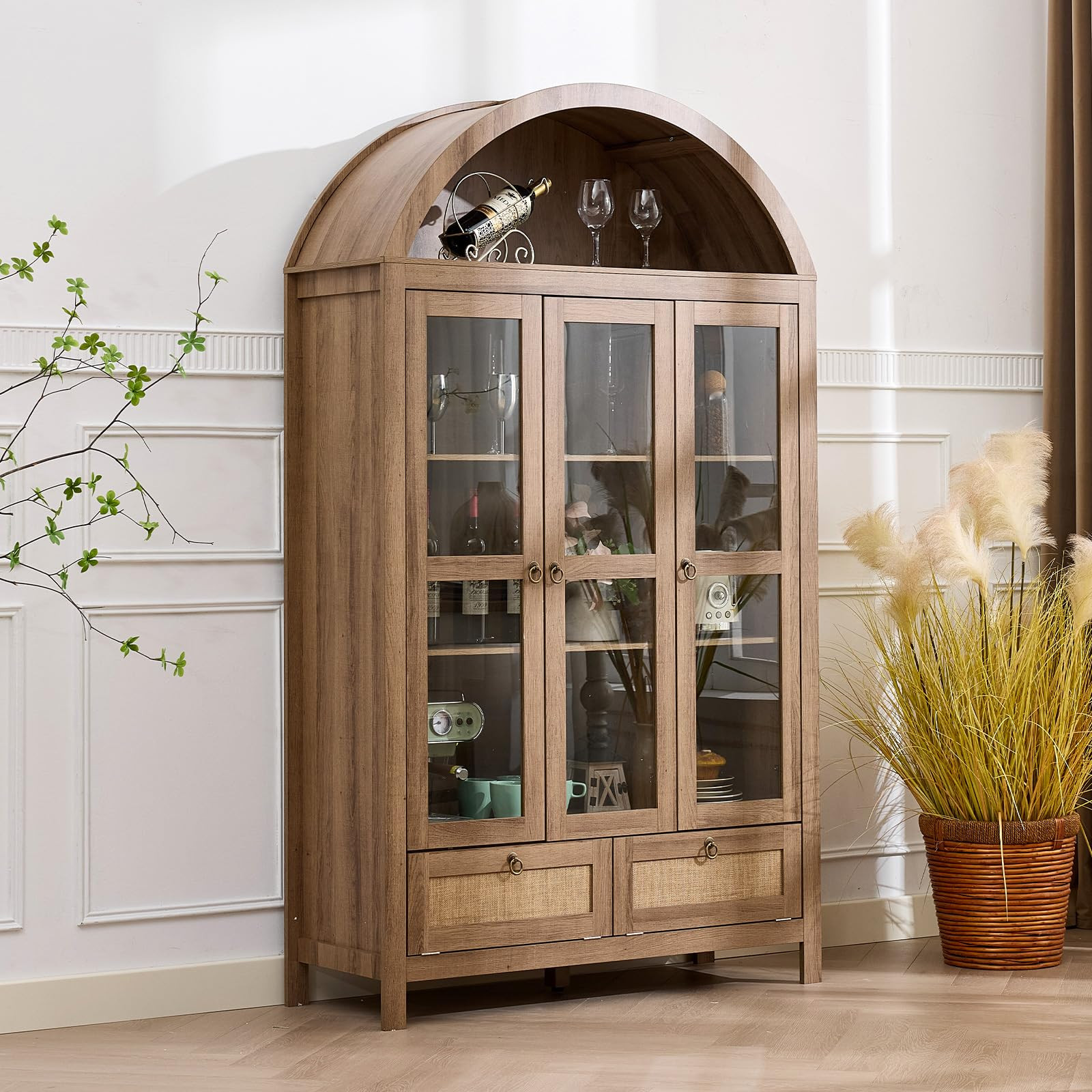 TYBOATLE 75'' Arched Cabinet Classic Farmhouse Design w/Three Glass Doors, Arch Cabinet w/Rattan Drawers and Anti-Tipping Device, Versatile Cupboard for Kitchen, Bathroom, Natural | Amazon (US)