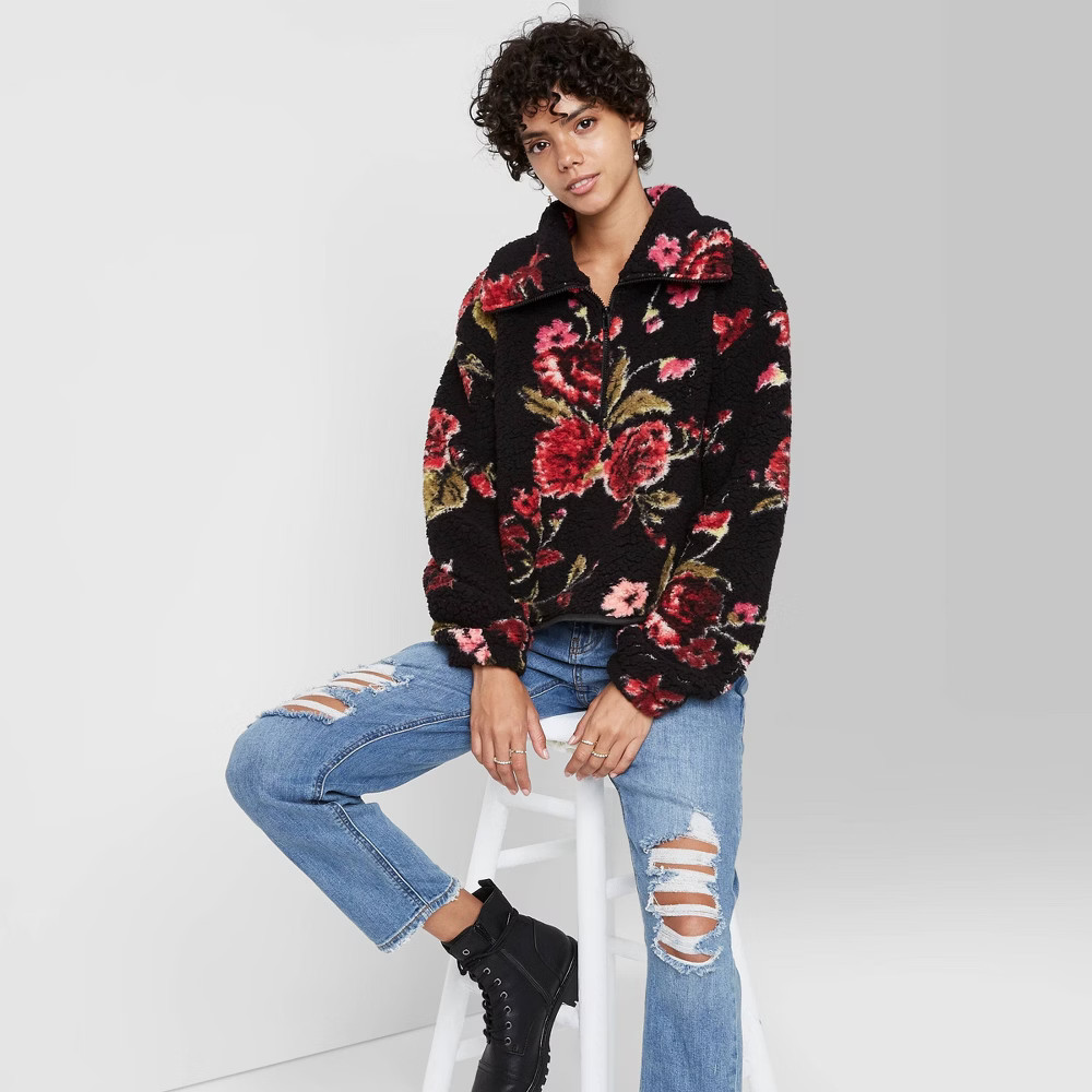 Women's Quarter Zip Sherpa Pullover Sweatshirt - Wild Fable Black M | Target