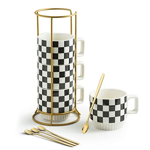 Miamolo Stackable Coffee Mug Set of 4 with Rack 11 oz Tea Cup Set with Little Spoon for Coffee Tea Cocoa Milk, Checkered Black and White Pattern Coffee Mug for Housewarming Gift | Amazon (US)