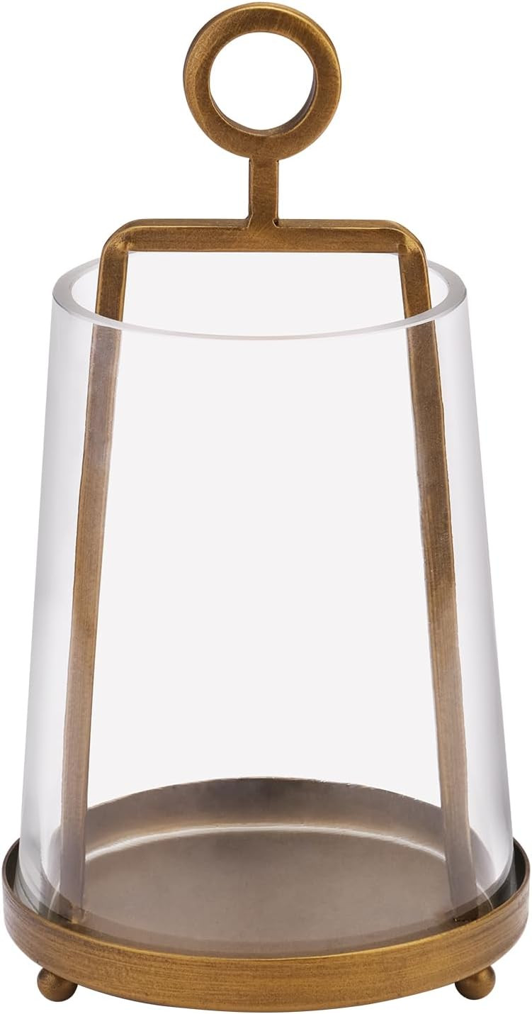 4“ Wide Modern Farmhouse Metal Hurricane Candle Holder with Handmade Sturdy Glass Sleeve in Vintage Brass for 2" Pillar Candle & Plants, Glass Hurricane Lantern, Industrial, Minimalistic | Amazon (US)