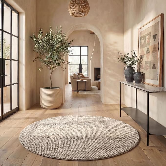 SAFAVIEH Natura Collection Area Rug - 6' Round, Beige, Handmade Wool Blend, Textured Design, Idea... | Amazon (US)